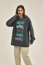 250G Washed Letter Print Women Long-Sleeved Sweatshirt