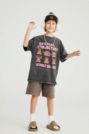 270G Washed Distressed Cartoon Print Kids T-Shirt