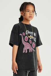 270G Washed Distressed Dinosaur Print Kids T-Shirt