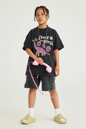 270G Washed Distressed Dinosaur Print Kids T-Shirt