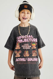 270G Washed Distressed Cartoon Print Kids T-Shirt