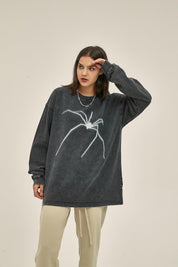 250G Washed Spider Print Women Long-Sleeved Sweatshirt