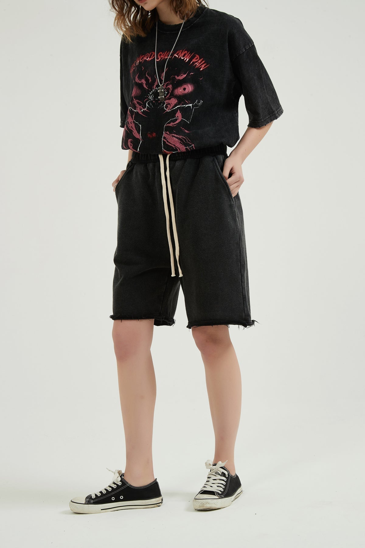 Washed Drawstring Waist Women Shorts