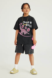 270G Washed Distressed Dinosaur Print Kids T-Shirt