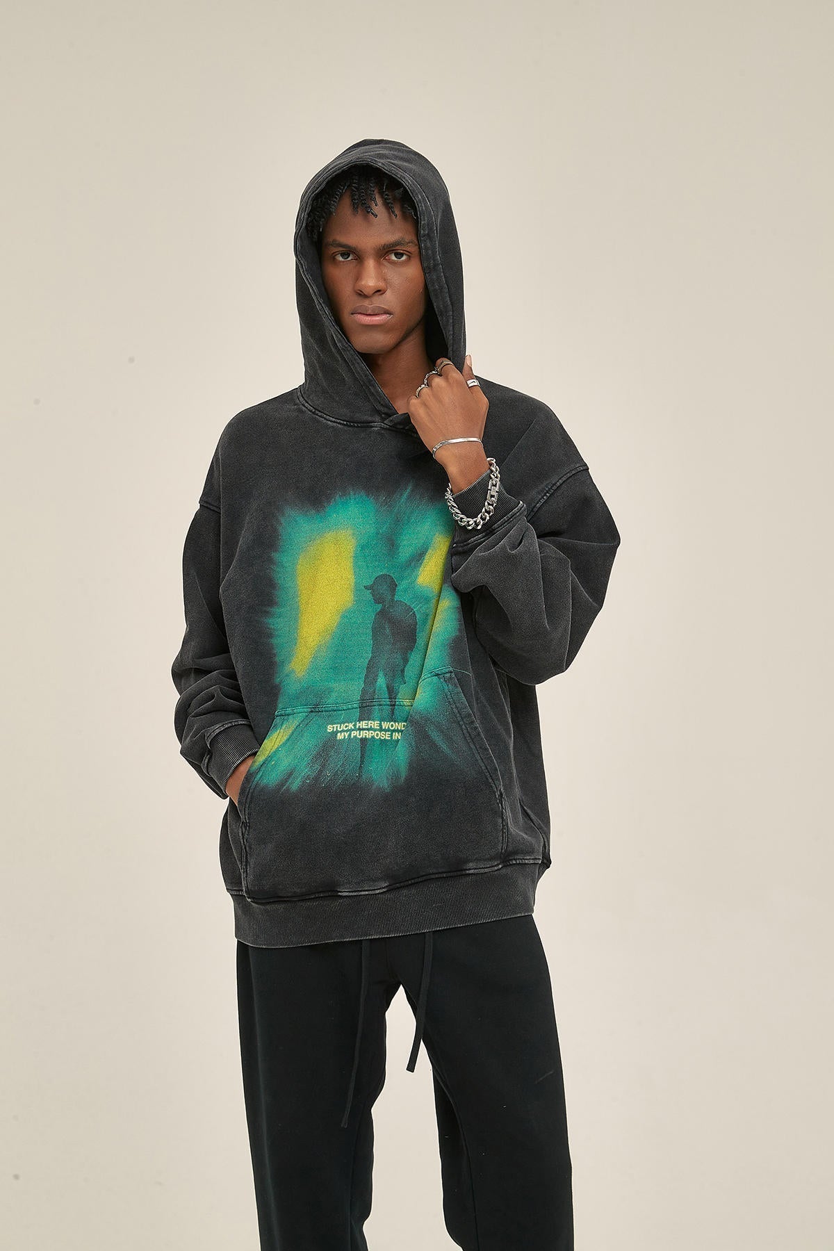 420G Retro Green Light Print Men Hoodie