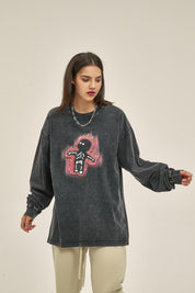 250G Washed Skull Print Women Long-Sleeved Sweatshirt