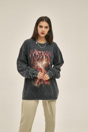 250G Washed Lightning Print Women Long Sleeve Sweatshirt