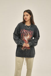 250G Washed Lightning Print Women Long Sleeve Sweatshirt