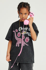 270G Washed Distressed Dinosaur Print Kids T-Shirt