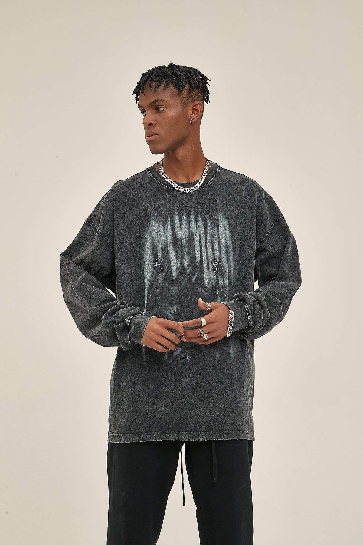 250G Washed Silhouette Print Men Long-Sleeved Sweatshirt